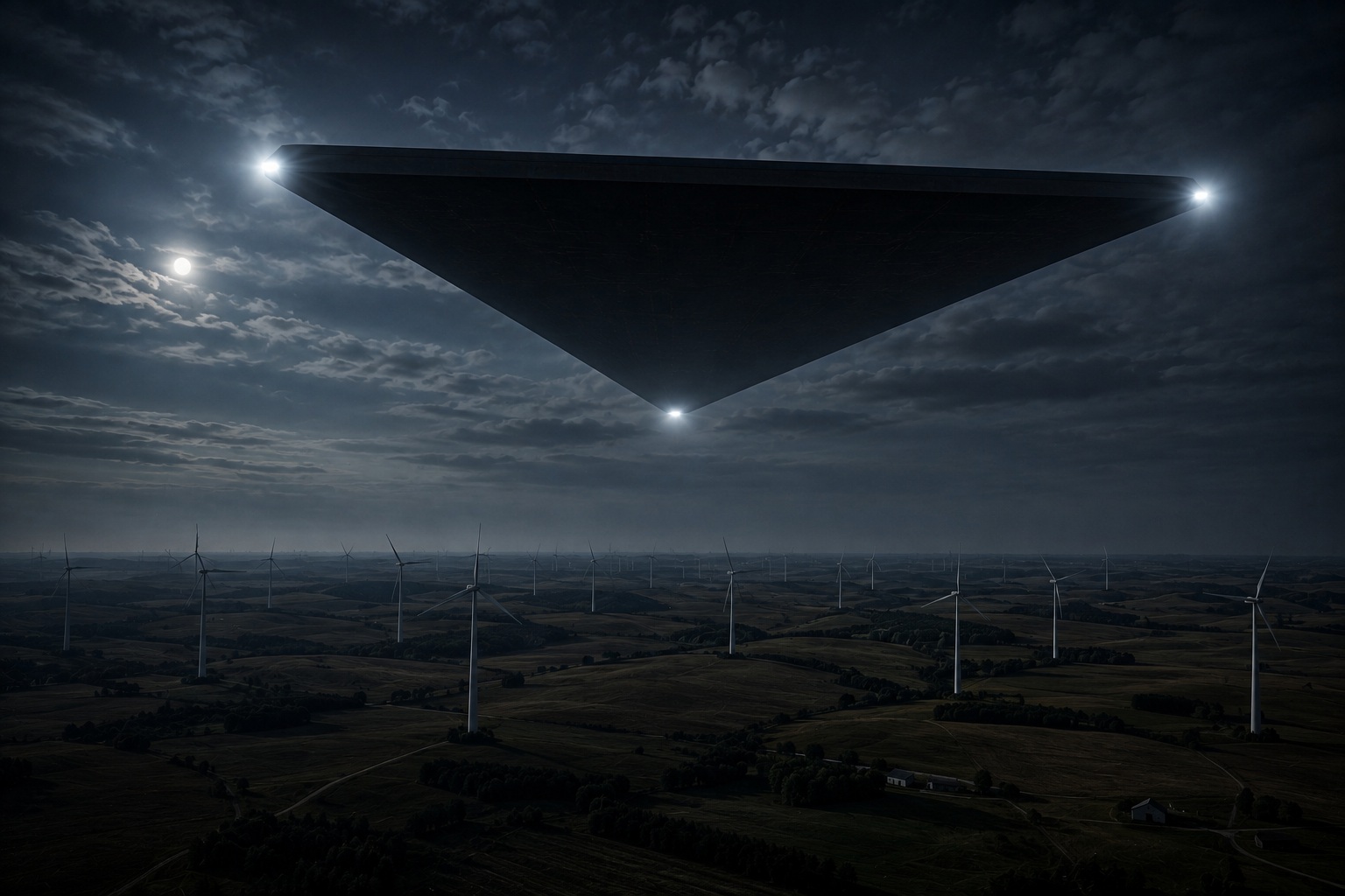 Editorial recreation of the Why Do Wind Farms Go Silent Under Triangle UFOs? story, image 3.
