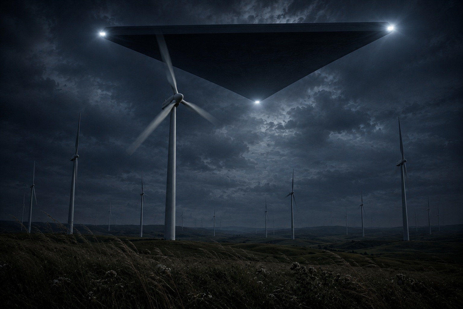 Editorial recreation of the Why Do Wind Farms Go Silent Under Triangle UFOs? story, image 4.