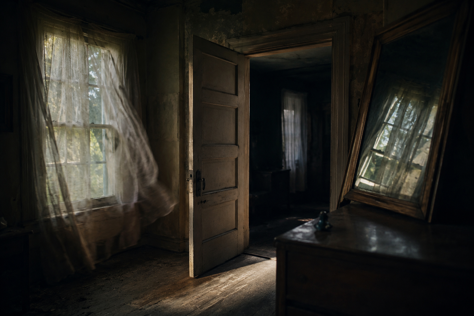Cinematic editorial reconstruction of an old room with door mirror and strange object movement