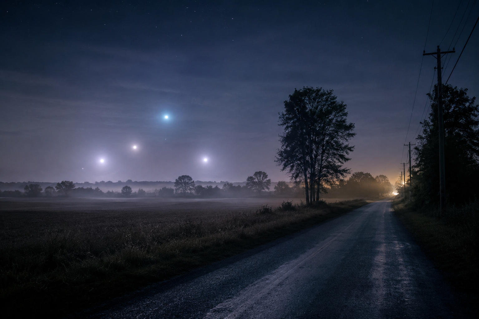 Cinematic editorial reconstruction of silent ambiguous lights over a rural road at night